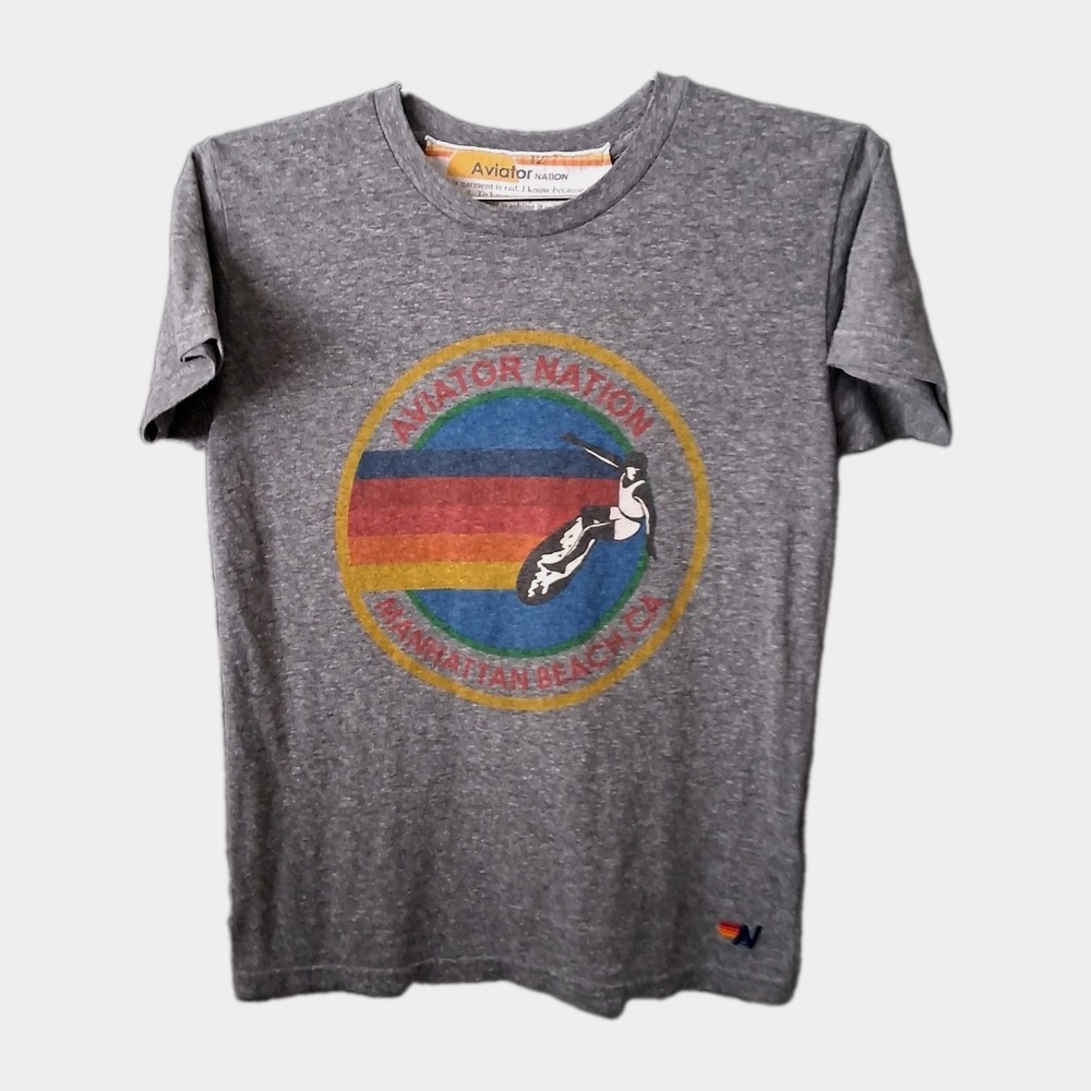 Aviator Nation T-Shirt Youth Size 12 Gray Manhattan Beach Crew Neck Cotton